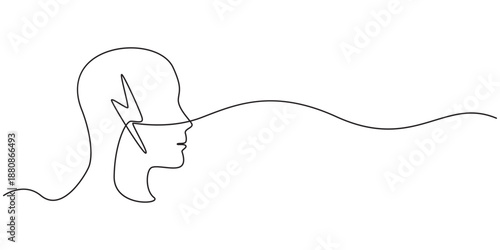 One continuous line drawing of head with charging and lightning battery level. Mental health and mindfulness concept in simple linear style. Editable stroke. Doodle vector illustration Generative AI