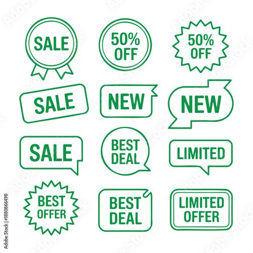 Green promotional tags and labels vector collection for sales and new arrivals