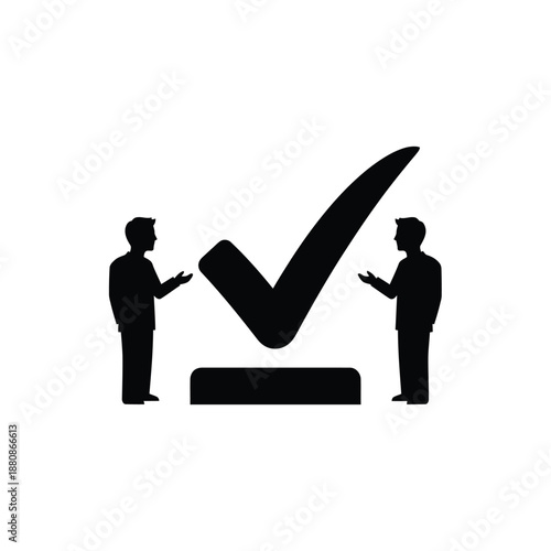 Two men standing on either side of a large checkmark