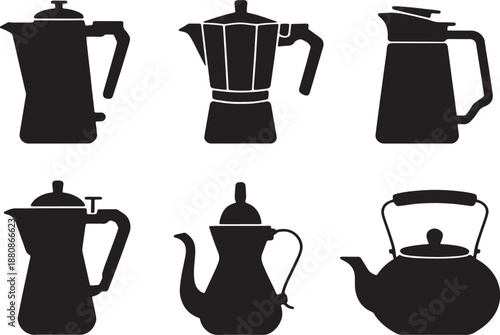 Black Silhouettes of Various Coffee and Tea Brewing Devices