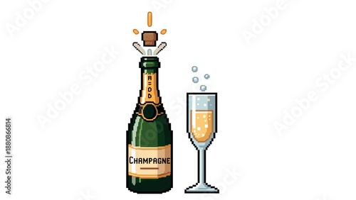 Pixel art celebration: champagne bottle and flute with sparkling bubbles
