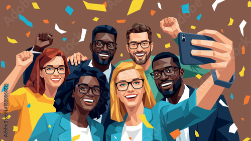 Group selfie celebration with confetti and joyful expressions in colorful polygonal art style