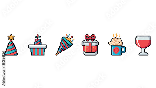 Festive pixel art icons for birthday and celebration themes