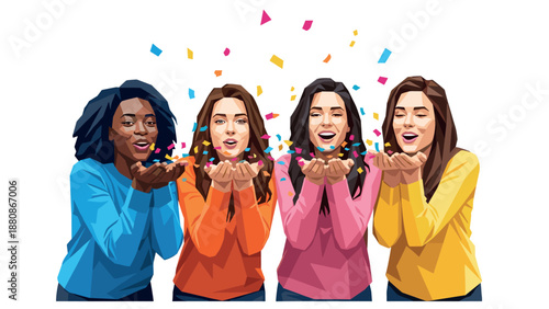 Diverse group of women celebrating with colorful confetti in a vibrant style