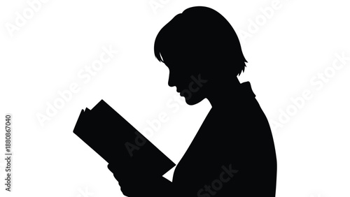 Silhouette profile of a young woman focused intently while deeply engrossed in reading an open book against a clean white background.