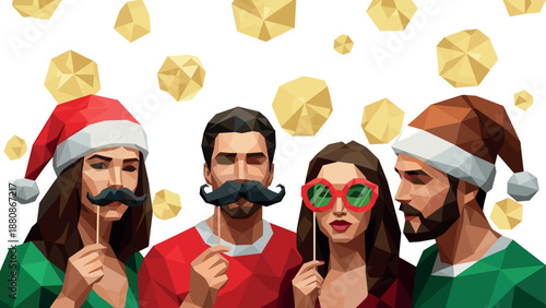 Festive low poly holiday party with santa hats and props