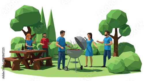 Low poly backyard barbecue scene with friends and family in a park setting