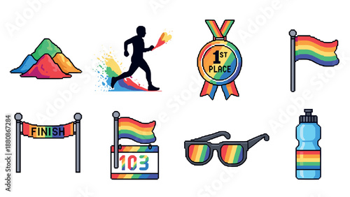 Colorful pride race icons: medals, flags, and more in pixel art