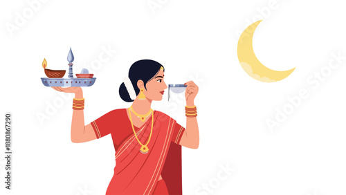 Indian Woman in Red Saree Performing Karva Chauth Ritual Looking at Crescent Moon Illustration