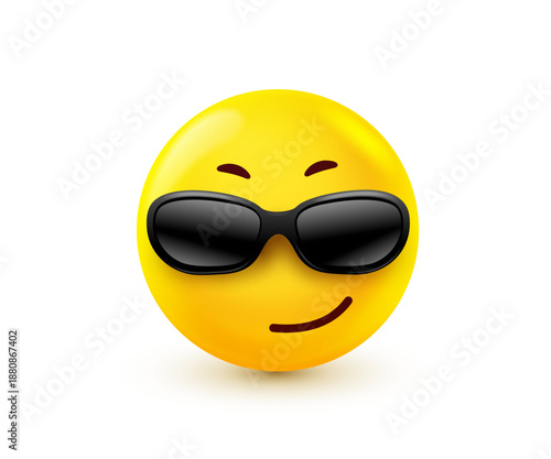 Vector illustration of yellow smile emoji in black glasses. Happy artful emotion face. 3d style design of positive emoticon in sunglasses. Funny smile character icon. Happy mood and facial expression