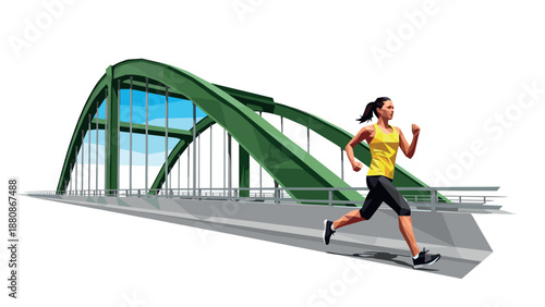 Stylized woman running on modern bridge, fitness and urban exercise in vibrant colors