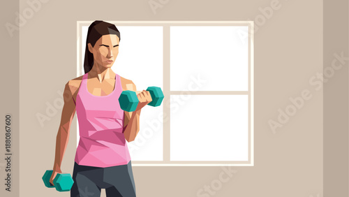 Woman exercising with dumbbells in geometric style near a window