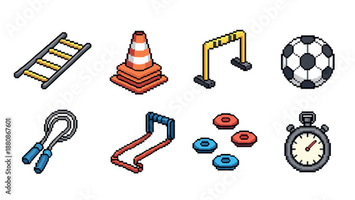 Pixel art sports equipment collection for athletic events and fitness training