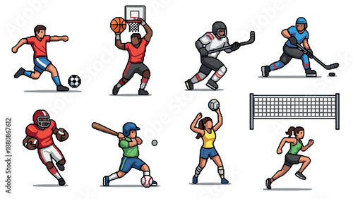 Diverse collection of energetic sports characters in dynamic action poses