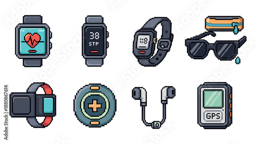 Retro pixel art icons of wearable tech gadgets