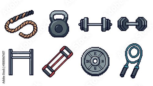 Pixel art gym equipment icons: kettlebell, weights, rope, and more for fitness design