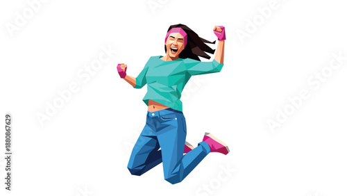 Geometric art of energetic woman jumping in excitement