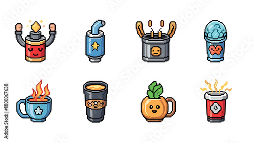 Playful pixel art icons of assorted drinks with unique designs