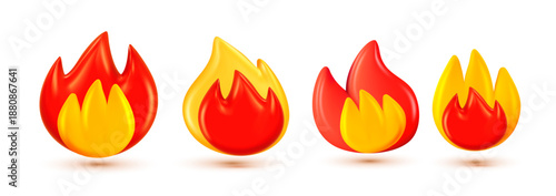 Vector set of illustration of red and yellow color emoji fire. Collection of glossy burning flame of fire on white background. 3d style design of bonfire or campfire flame symbol