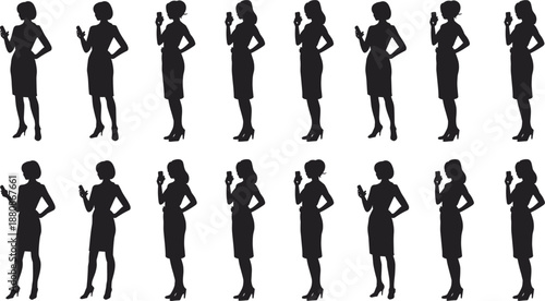 Multiple silhouettes of women in dresses holding smartphones and looking at screens woman female