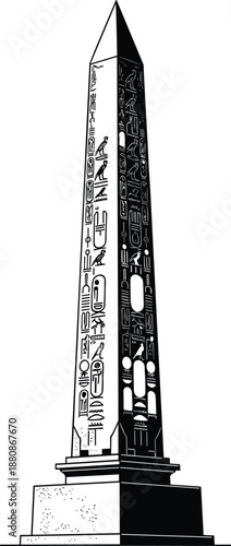 Ancient Egyptian obelisk silhouette with hieroglyphs, split shading, cultural monument, historical architecture, symbolic design, black white contrast, flat vector