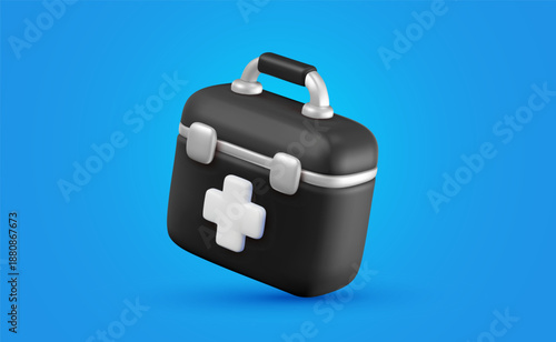 Vector illustration of realistic black color hospital hand bag with cross on blue background. Medical symbol of first aid icon. 3d style design of medical box with white cross