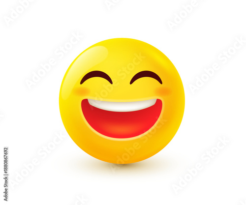 Vector illustration of yellow smile emoji. Happy emotion face laughing out loud. 3d style design of positive emoticon. Funny joy and laughter character icon. Happy mood and facial expression
