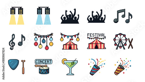 Festival icon set: music, lights, and celebration elements in flat style