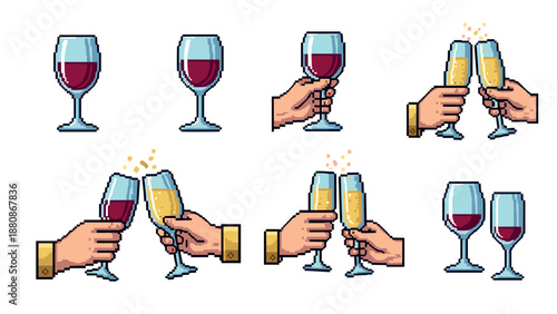 Pixel art wine and champagne glasses clinking in celebration