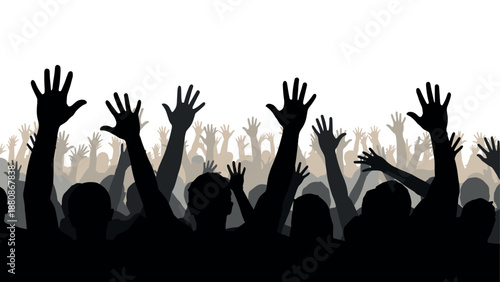 Silhouette of a vibrant crowd with raised hands celebrating in unity
