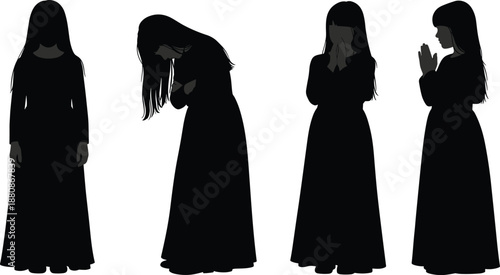   
Female silhouette poses in long dress, emotional body language, prayer gesture, sorrow stance, spiritual theme, expressive movement study, flat vector
