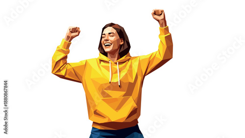 Colorful polygonal portrait of joyful woman in yellow hoodie with raised arms