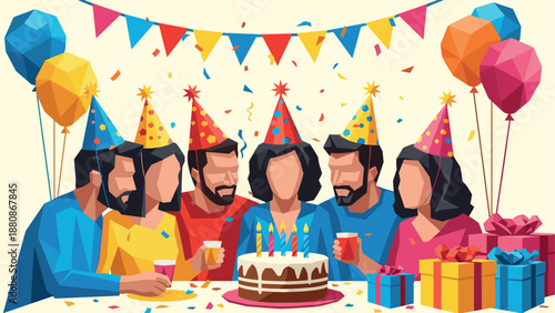 Polygonal party celebration with birthday cake and colorful balloons