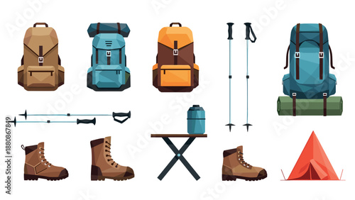 Hiking gear and camping equipment in flat design for outdoor adventures
