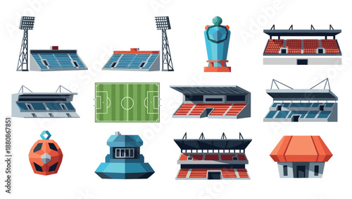 Collection of stadium and sports icon set featuring modern designs in flat style