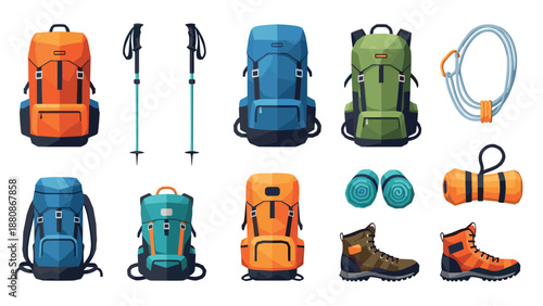 Outdoor adventure gear collection: backpacks, boots, and camping essentials in flat design