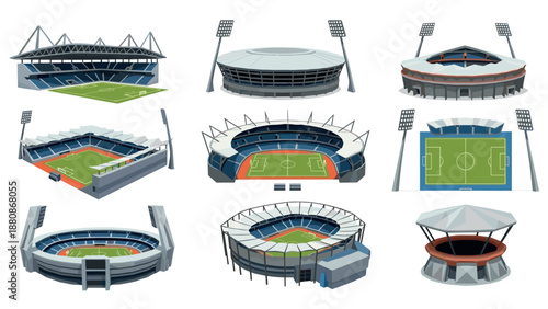 Diverse collection of modern sports stadium designs featuring unique architectural styles