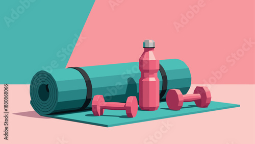 Modern fitness equipment with rolled mat and dumbbells on colorful background