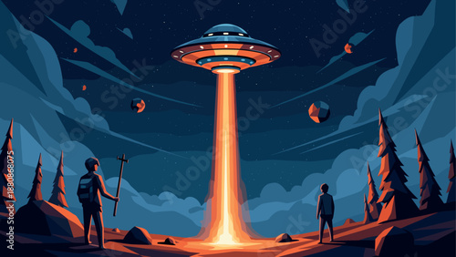 Futuristic ufo encounter in a nighttime forest landscape with glowing light beam and adventurers