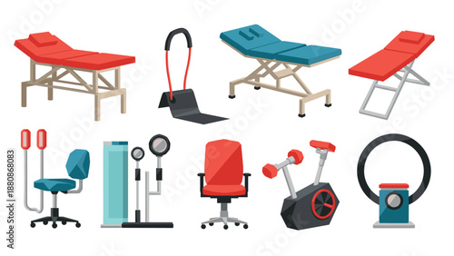 Flat design of fitness equipment and massage tables collection