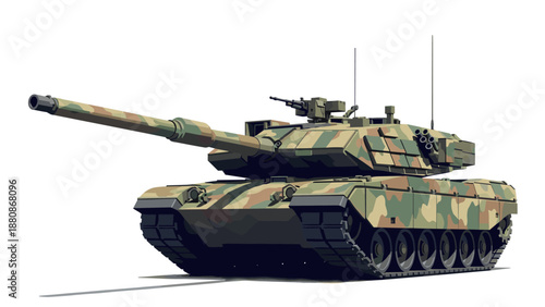 Camouflage military tank in detailed flat design on white background
