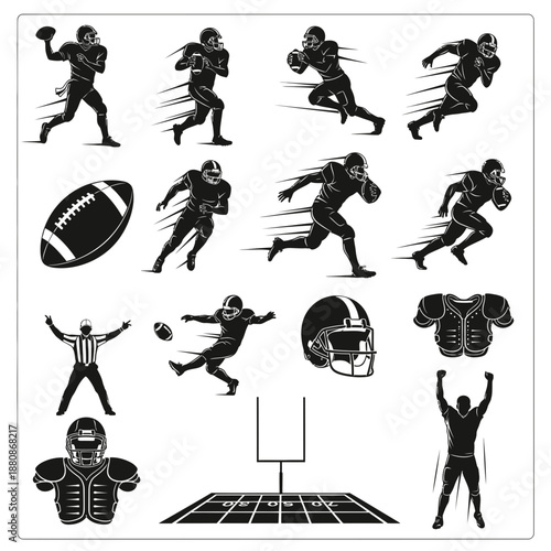 A Dynamic Set of American Football Vector Silhouettes Capturing Peak Action and Iconic Gear