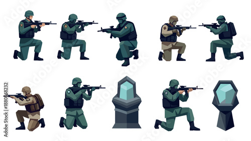 Military characters in tactical poses with polygonal design
