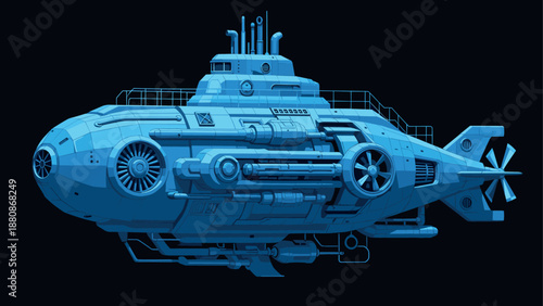 Futuristic submarine design in detailed blue tones