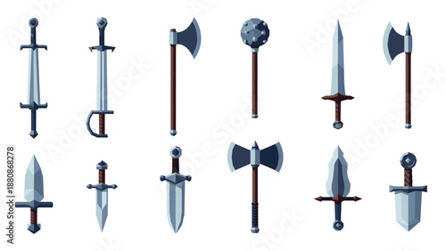Medieval weapons set featuring swords and axes in flat design