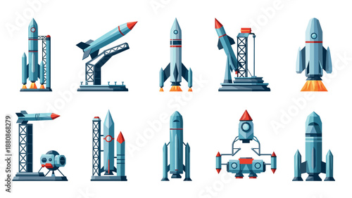 Set of rocket icons showcasing various launch pad designs in flat style