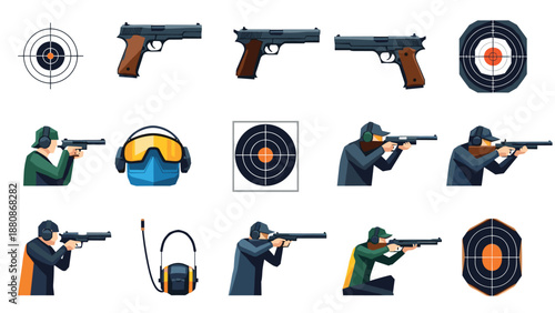 Shooting range equipment and targets set in flat style