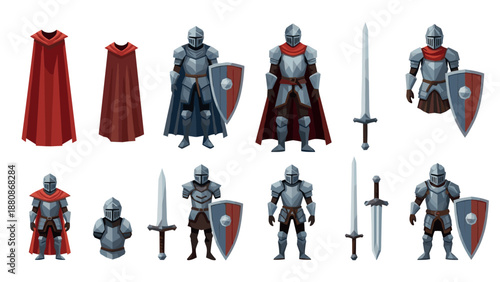 Medieval knight armor set with swords and shields in a cartoon style