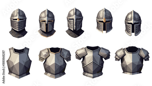 Medieval knight helmets and armor in low poly art style set