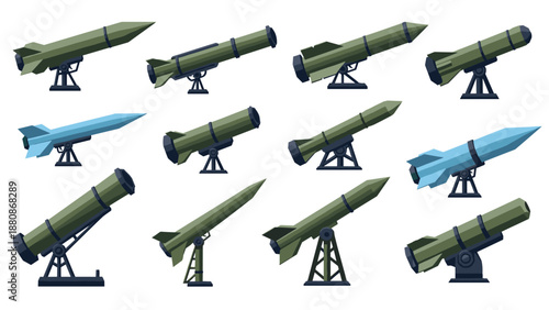 Collection of military missiles on launch platforms in flat design